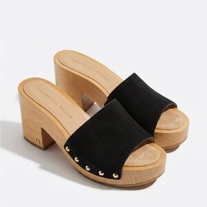 Veronica Beard Black Suede & Wood Block Heel Mules